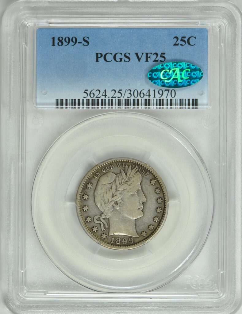 Obverse slab shot of 1899-S Morgan Dollar graded a VF25 with Green CAC Sticker