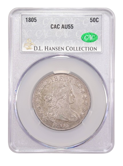Obverse Slab Shot of an 1805 Draped Bust Half Dollar graded an AU55 by CAC Grading