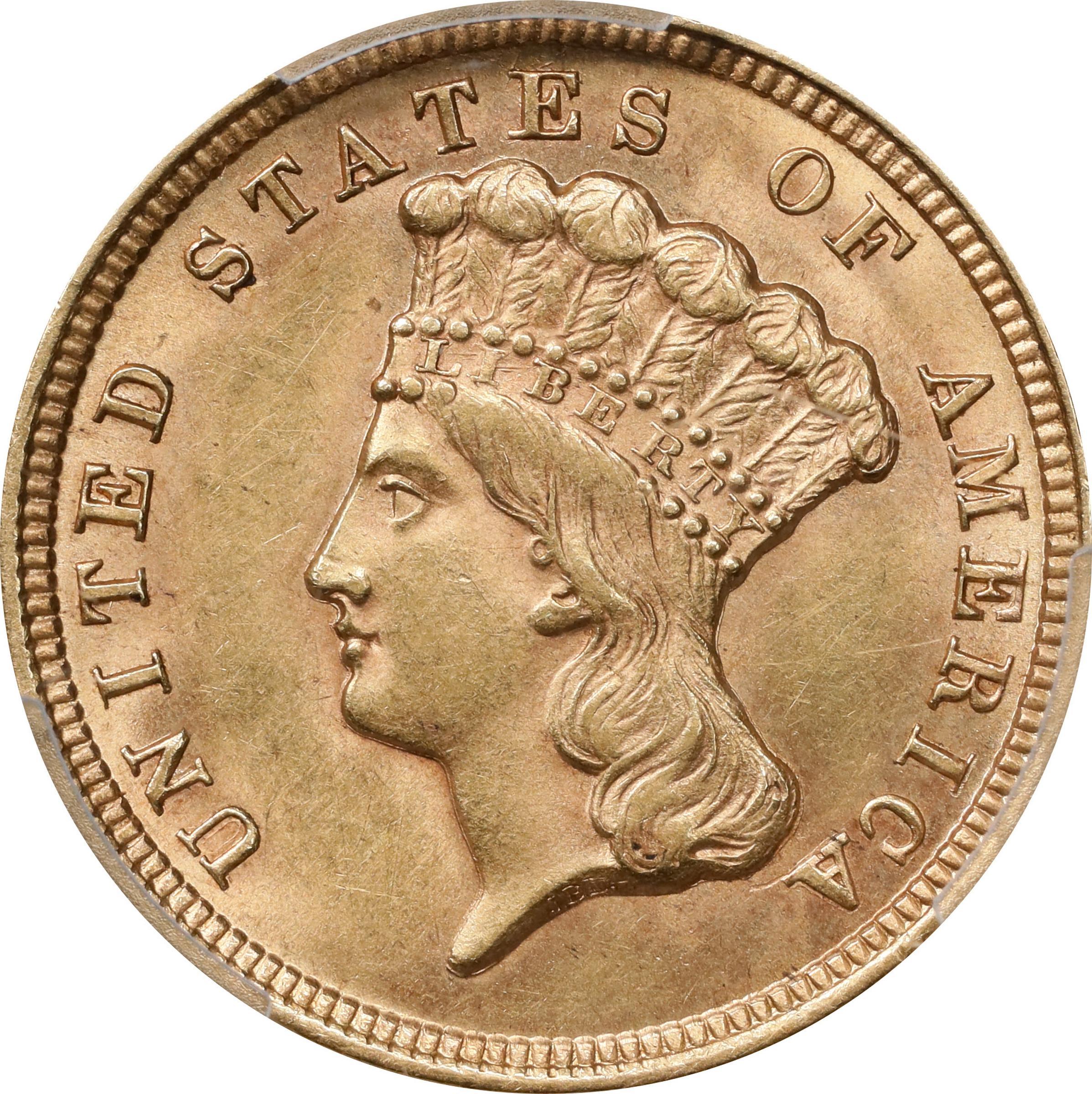 Photo of the obverse of a raw 1854 $3 Princess Gold