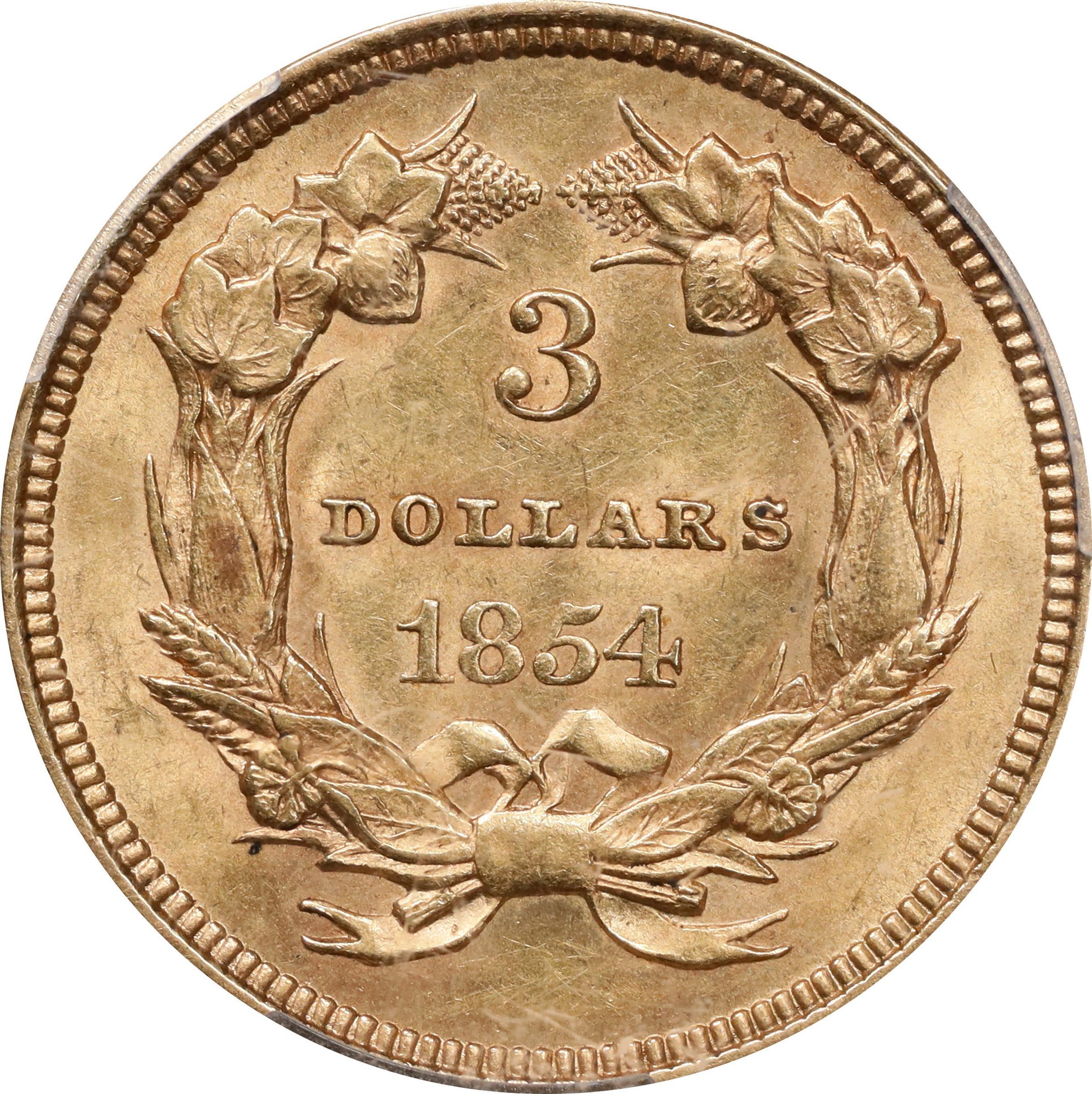 Photo of the reverse of a raw 1854 $3 Princess Gold
