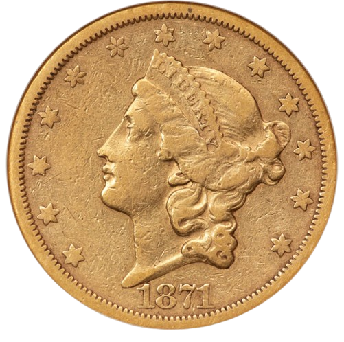Obverse photo of a raw 1871-CC $20 Gold Piece