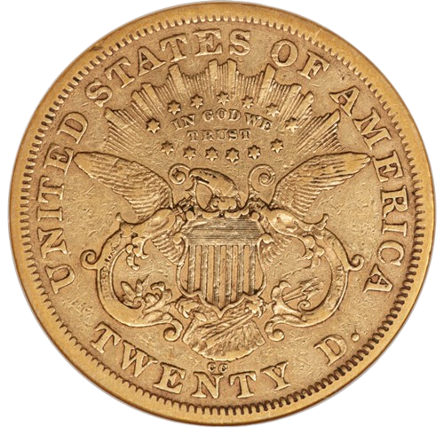 Reverse photo of a raw 1871-CC $20 Gold Piece