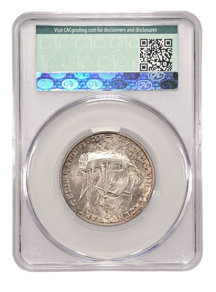 Reverse slab shot of a 1920 Pilgrim Commemorative half dollar graded an MS67 by CAC Grading