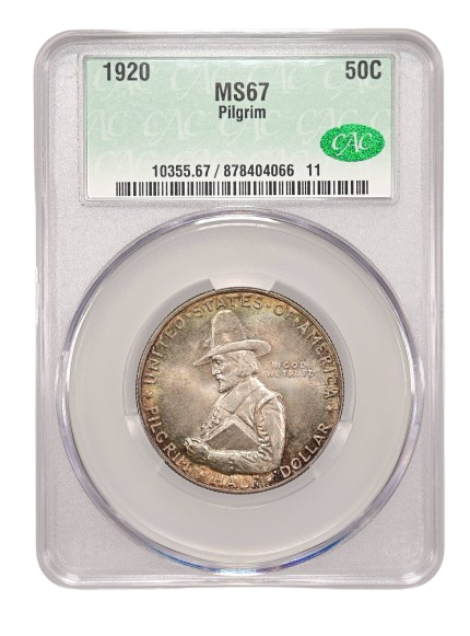 Obverse slab shot of a 1920 Pilgrim Commemorative half dollar graded an MS67 by CAC Grading