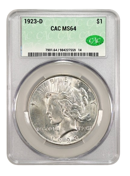 Obverse Slab Shot of a 1923-D Peace Dollar graded an MS64 by CAC Grading