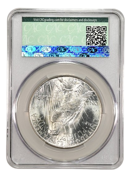 Reverse Slab Shot of a 1923-D Peace Dollar graded an MS64 by CAC Grading