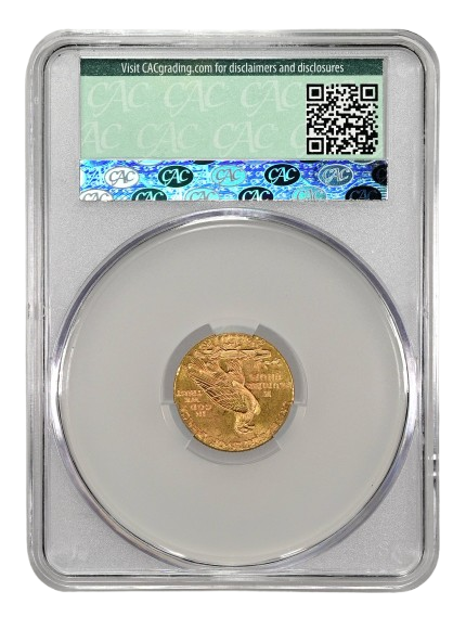 Reverse slab shot of a 1927 $2.5 Gold Piece graded an MS64 by CAC Grading