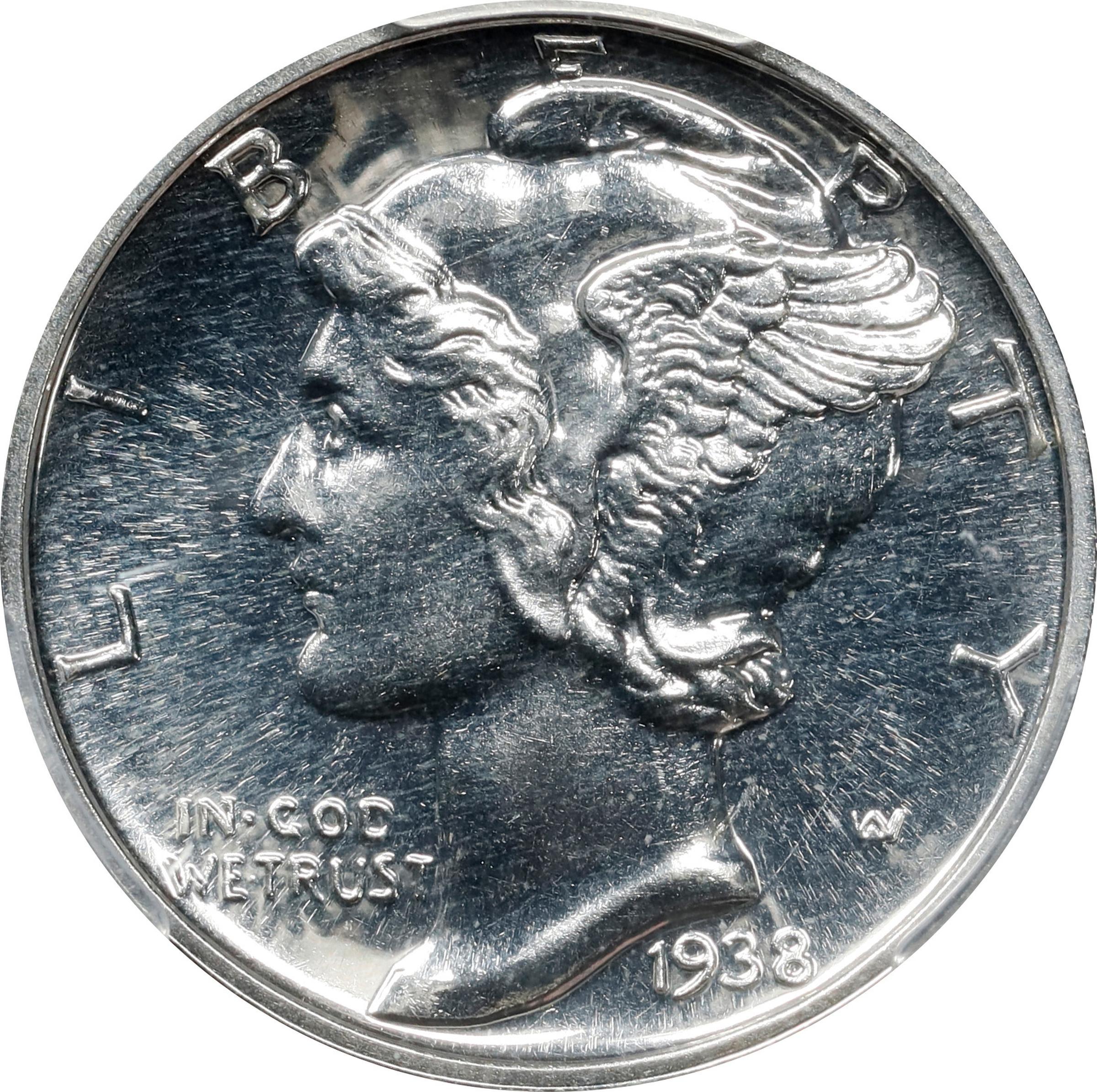 Photo of the obverse of a raw 1938 Mercury dime