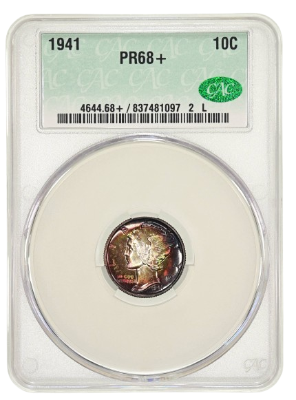 Obverse Slab Shot of a 1941 Mercury Dime graded a PR68+ by CAC Grading