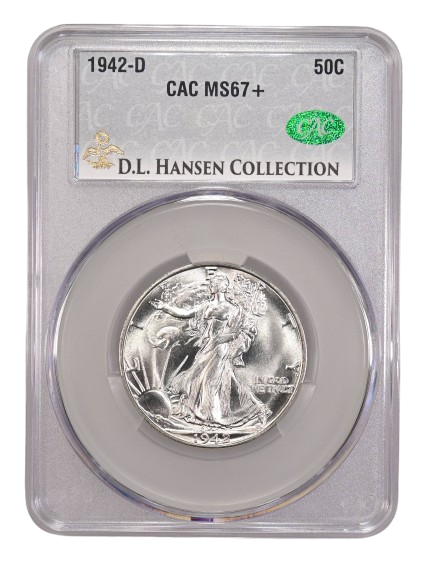 Obverse Slab Shot of a 1942-D Walking Liberty Half Dollar graded an MS67+ by CAC Grading, from the D.L. Hansen Collection