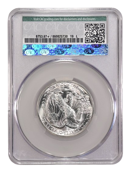 Reverse Slab Shot of a 1942-D Walking Liberty Half Dollar graded an MS67+ by CAC Grading, from the D.L. Hansen Collection