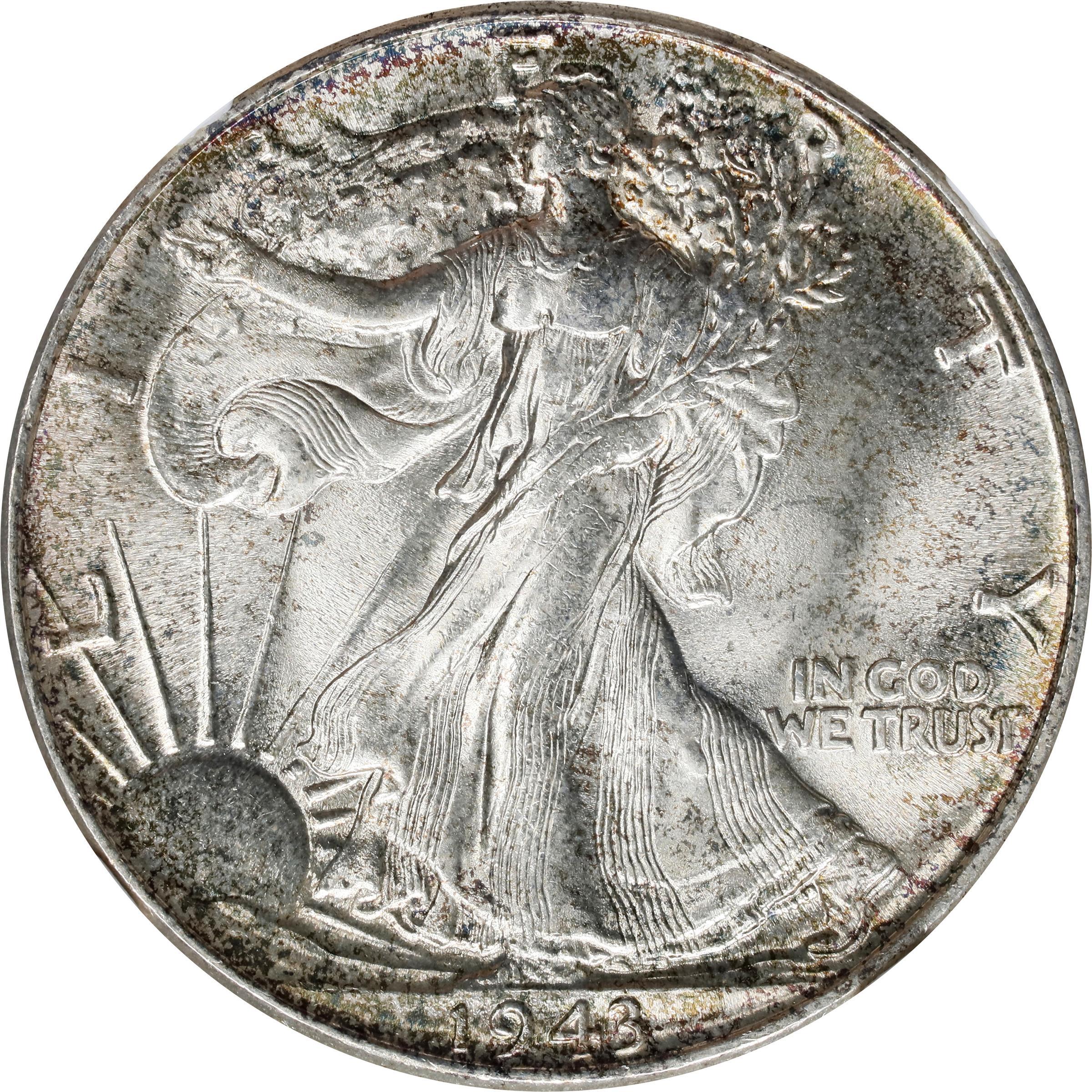 Photo of the obverse of a raw 1943 Walking Liberty half dollar