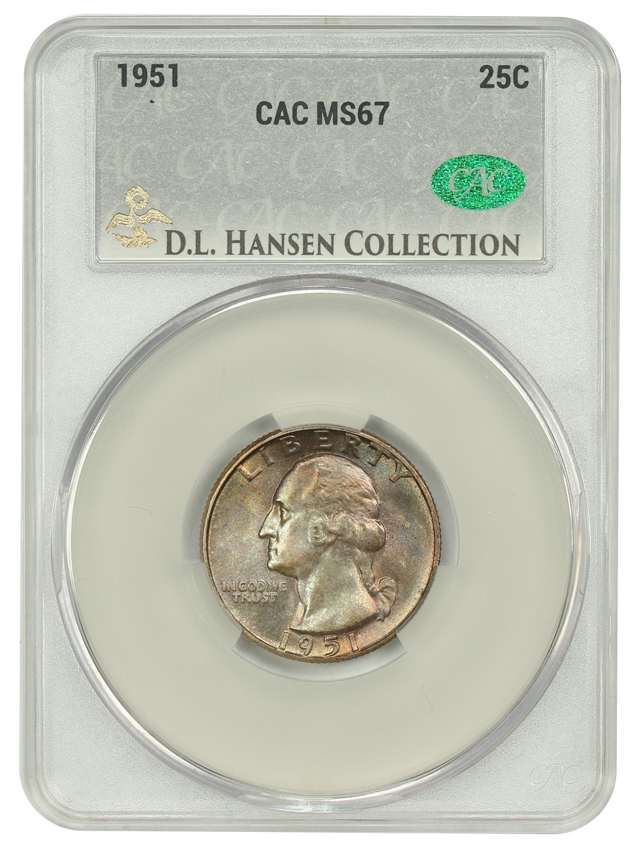 The obverse slab shot of a 1951 Washington quarter in a CAC Holder with MS67 Grade.