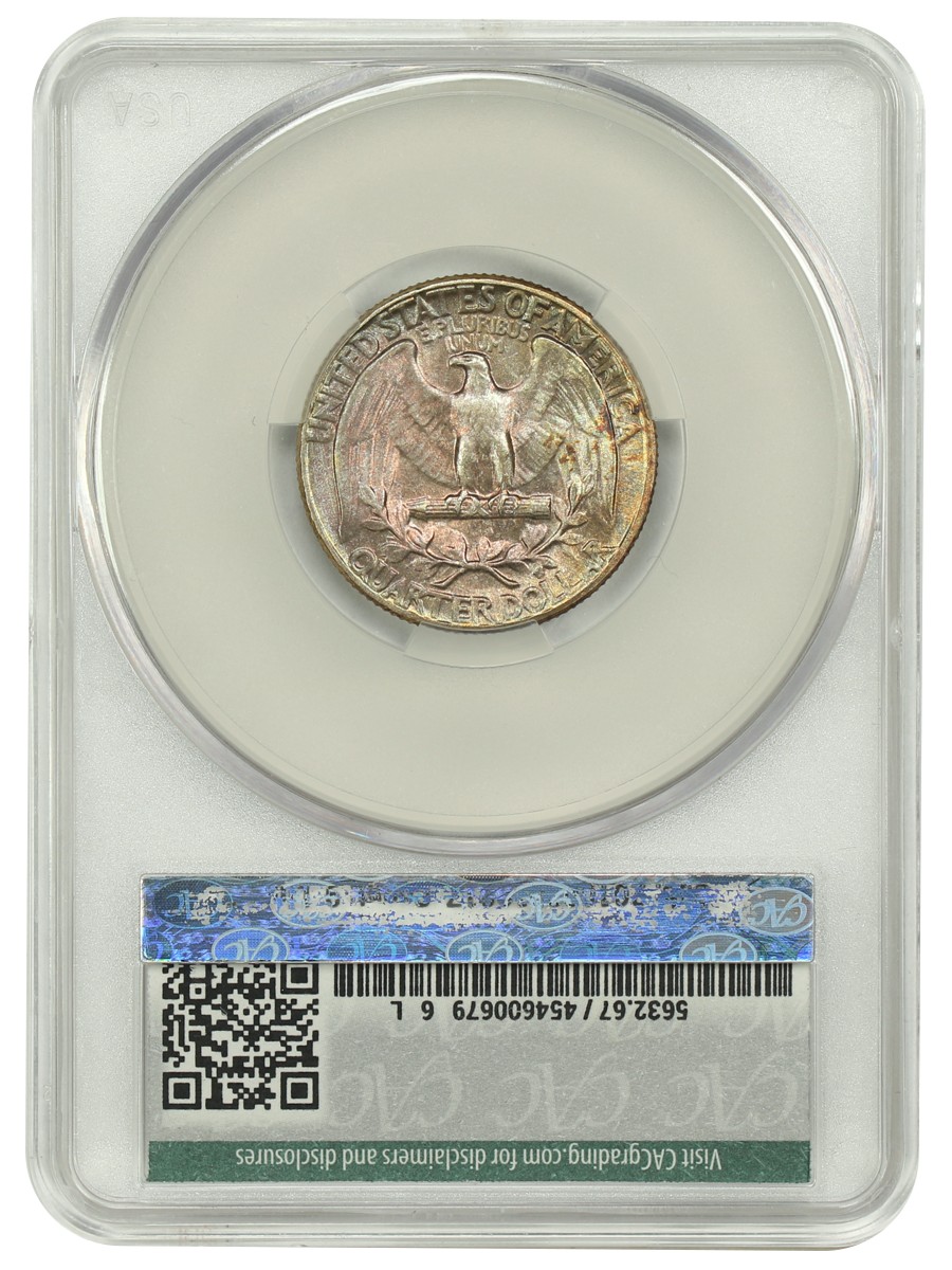 The reverse slab shot of a 1951 Washington quarter in a CAC Holder with MS67 Grade.