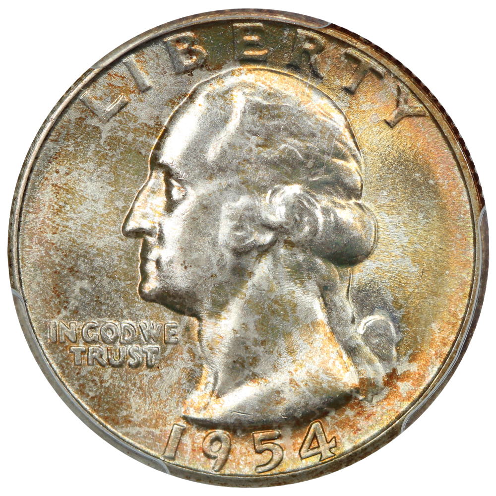 The obverse of a raw 1954-S Washington quarter