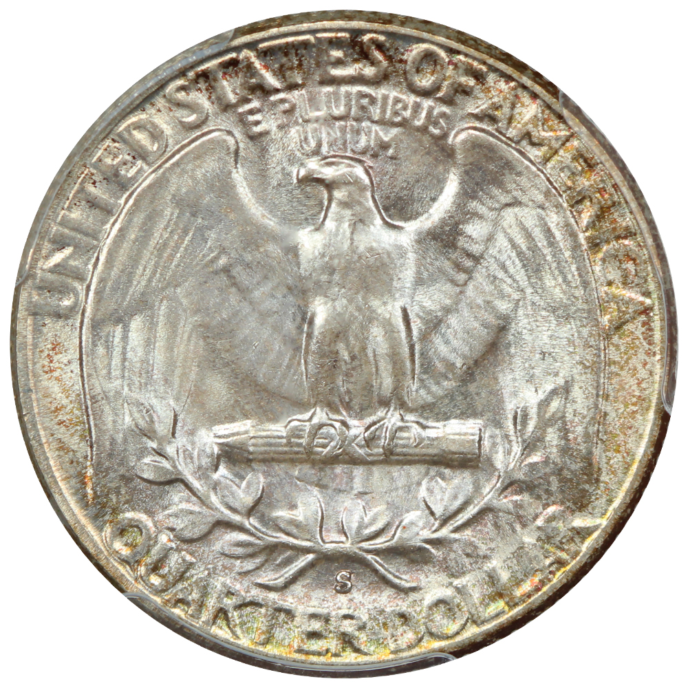 The reverse of a raw 1954-S Washington quarter