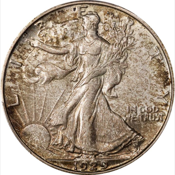 The obverse of a raw 1929-S Walking Liberty Half Dollar