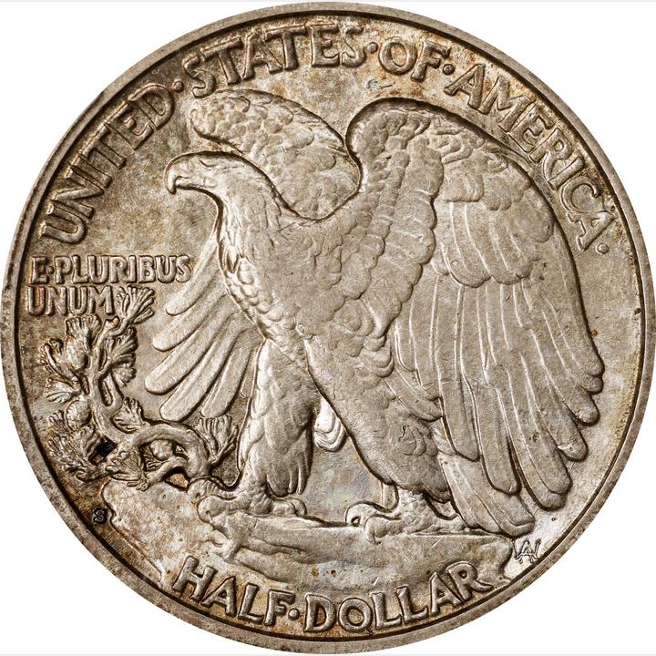 The reverse of a raw 1929-S Walking Liberty Half Dollar