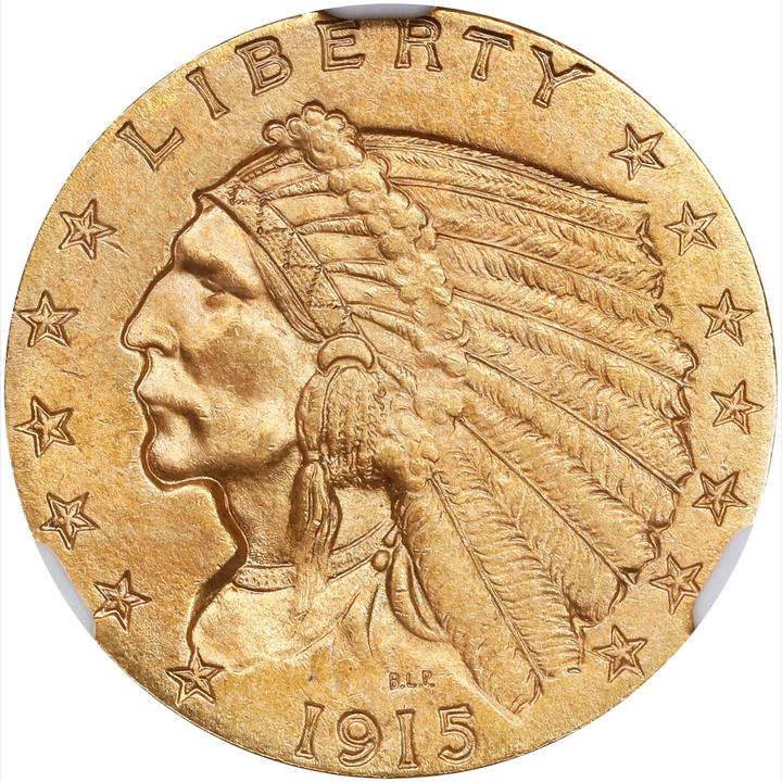 The obverse of a raw 1915 Indian Quarter Eagle
