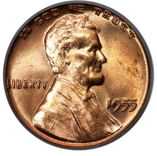 The obverse of a raw, double die obverse, 1955 over 1955 Lincoln one cent