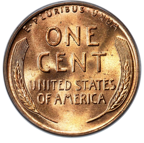 The reverse of a raw, double die obverse, 1955 over 1955 Lincoln one cent