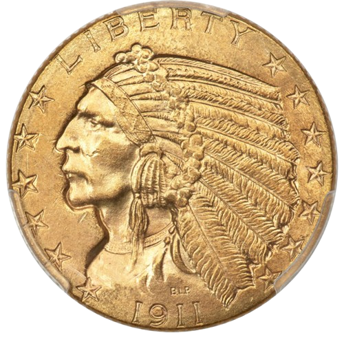 The obverse of a 1911-D Half Eagle Gold piece