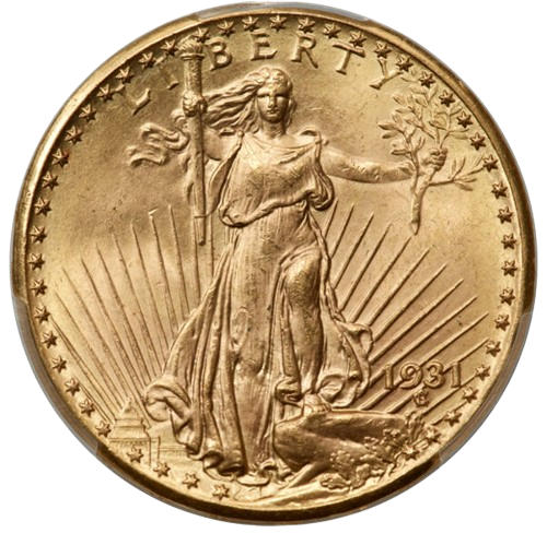 The obverse of a 1931 gold twenty dollar double eagle