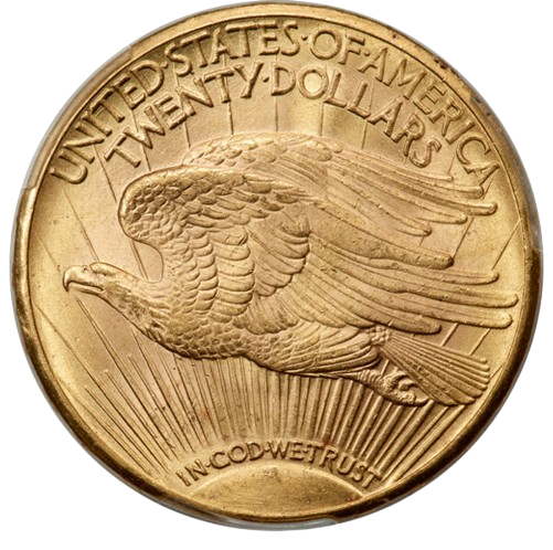The reverse of a 1931 gold twenty dollar double eagle
