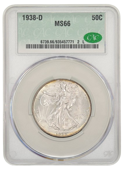 The obverse slab shot of a 1938-D Walking Liberty Half Dollar in a CAC Holder with MS66 Grade.