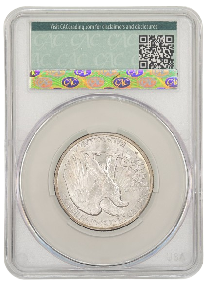 The reverse slab shot of a 1938-D Walking Liberty Half Dollar in a CAC Holder with MS66 Grade.