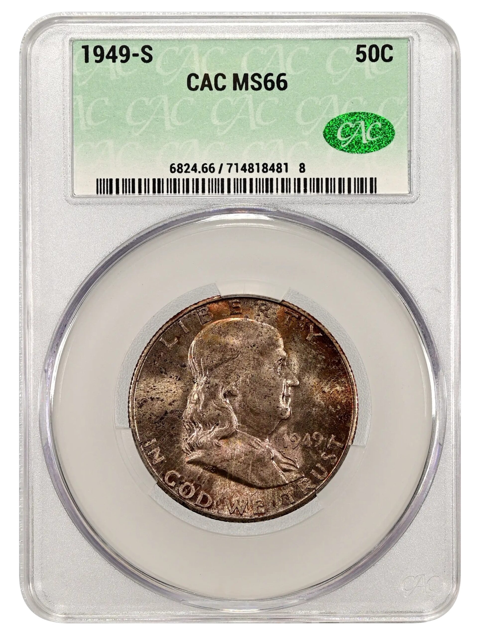 The obverse slab shot of a 1949-S Franklin Half Dollar in a CACG holder with MS66 grade.