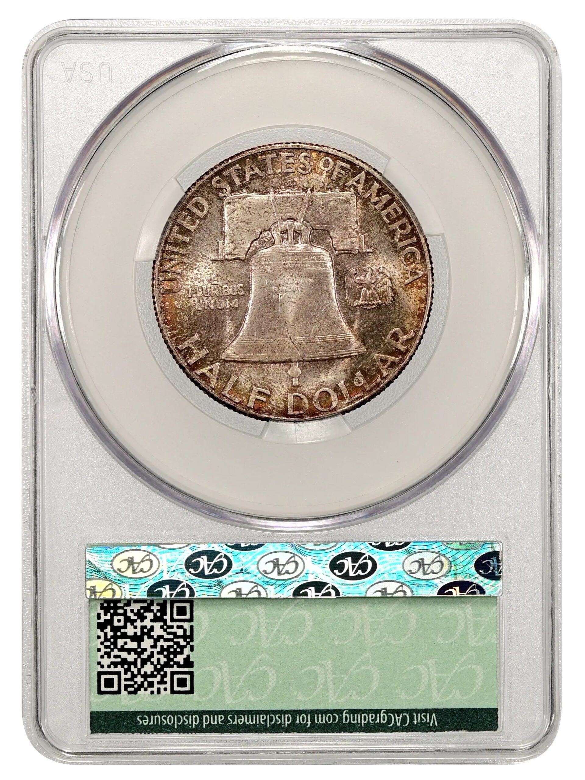 The reverse slab shot of a 1949-S Franklin Half Dollar in a CACG holder with MS66 grade.