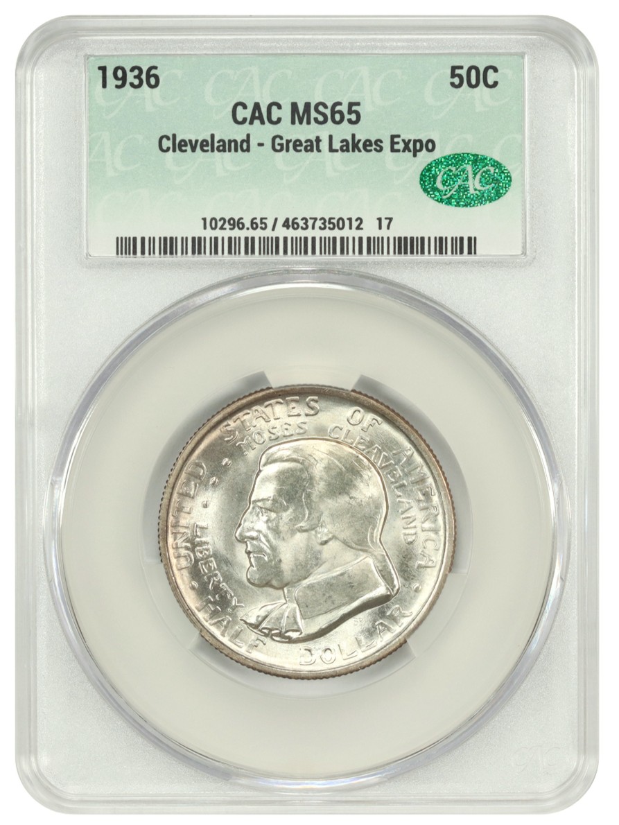 The obverse slab shot of a 1936 Cleveland Commemorative Half Dollar in a CACG holder with MS65 grade.