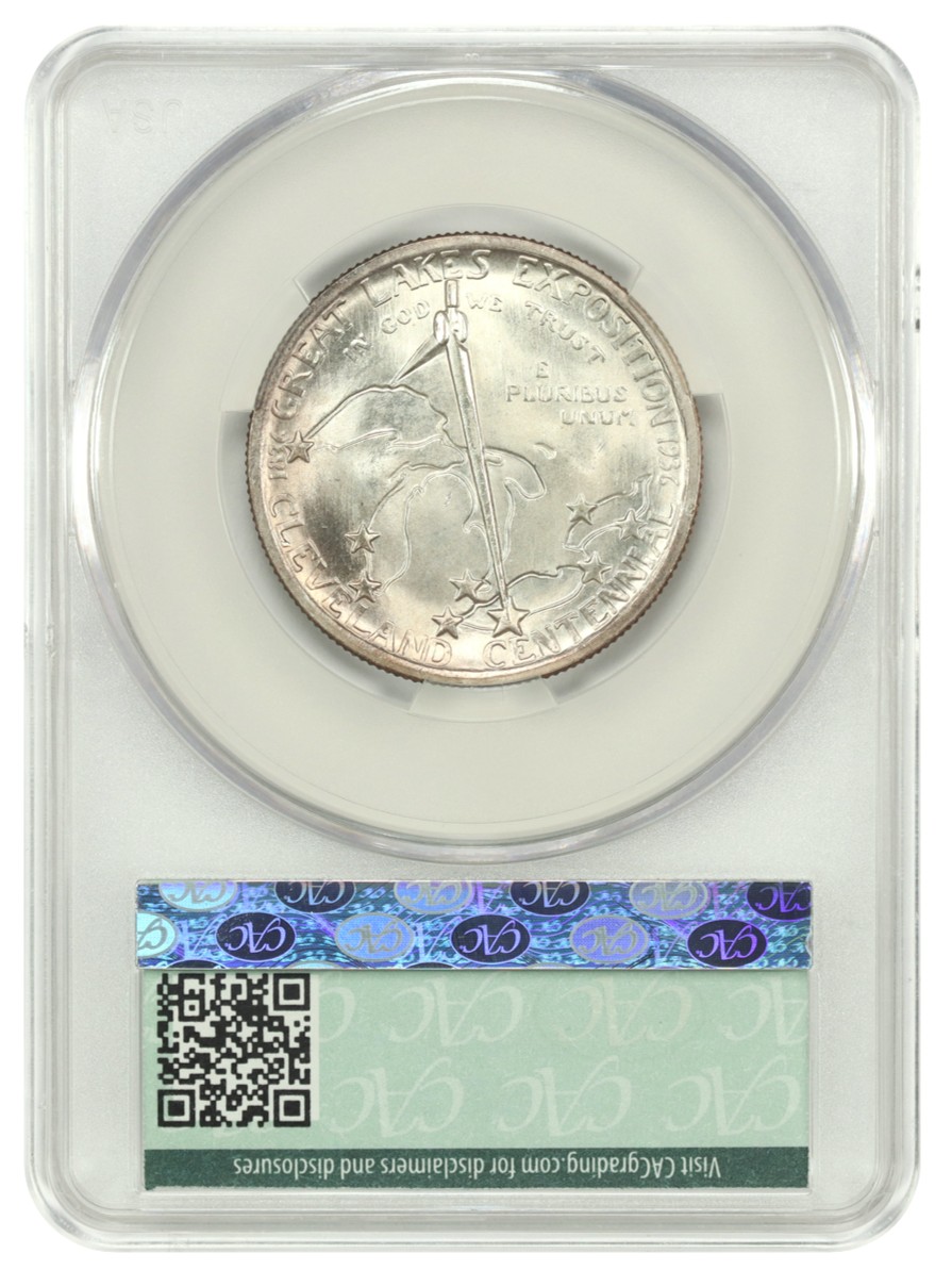 The reverse slab shot of a 1936 Cleveland Commemorative Half Dollar in a CACG holder with MS65 grade.