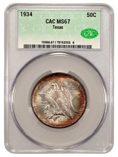 The obverse slab shot of a 1934 Texas Centennial Commemorative half dollar graded an MS67 in CACG Holder.