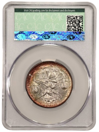 The reverse slab shot of a 1934 Texas Centennial Commemorative half dollar graded an MS67 in CACG Holder.