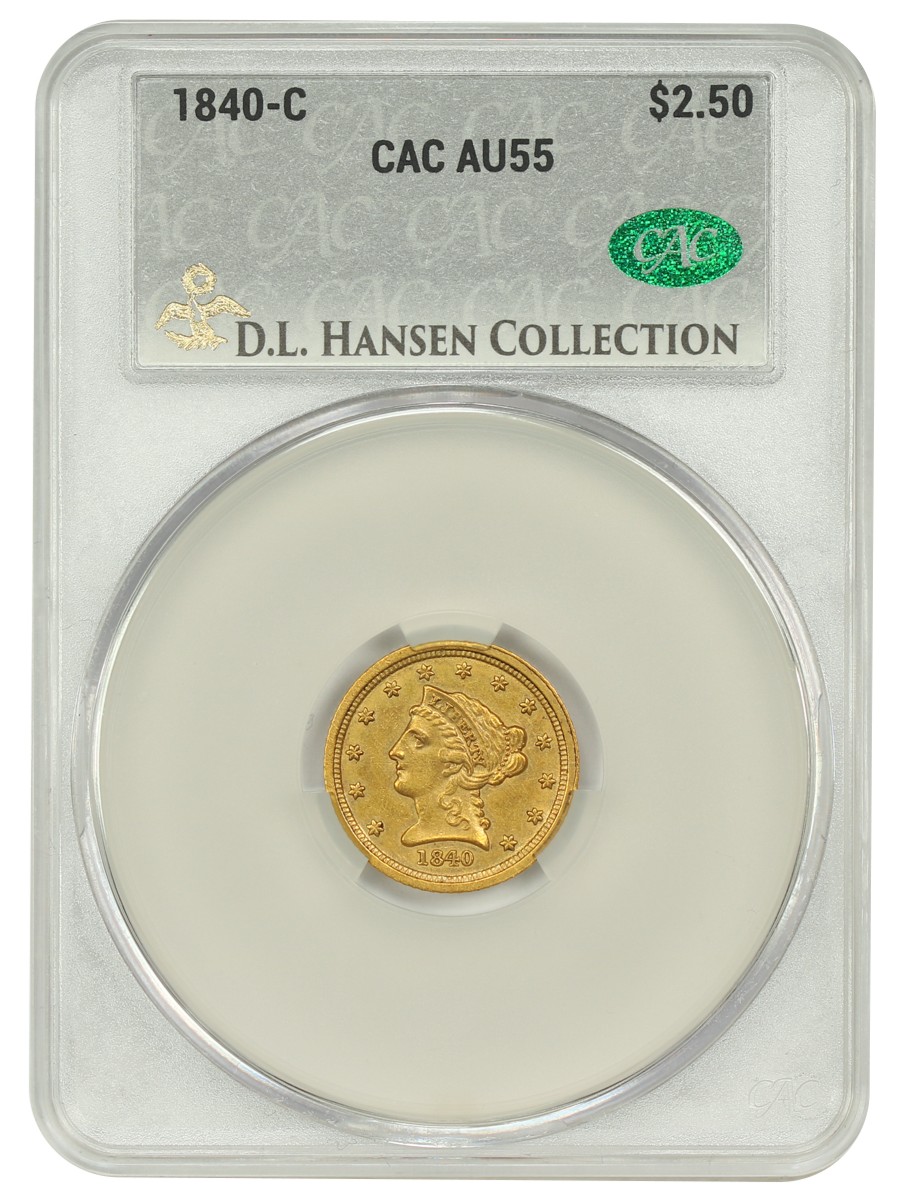 The obverse slab shot of an 1840-C Liberty Head $2.5 Gold graded an AU55 in CACG Holder.