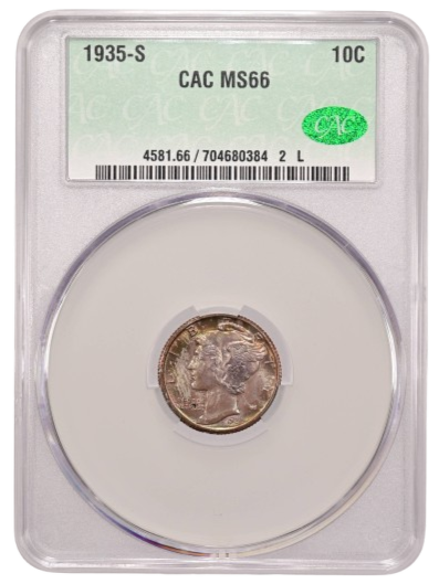 The obverse slab shot of a 1935-S Mercury dime graded an MS66 in CACG holder.