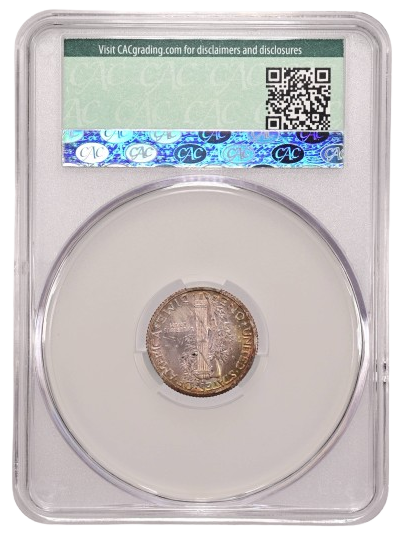 The reverse slab shot of a 1935-S Mercury dime graded an MS66 in CACG holder.