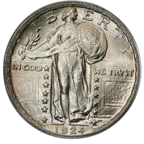 The obverse of a raw 1924 Standing Liberty Quarter