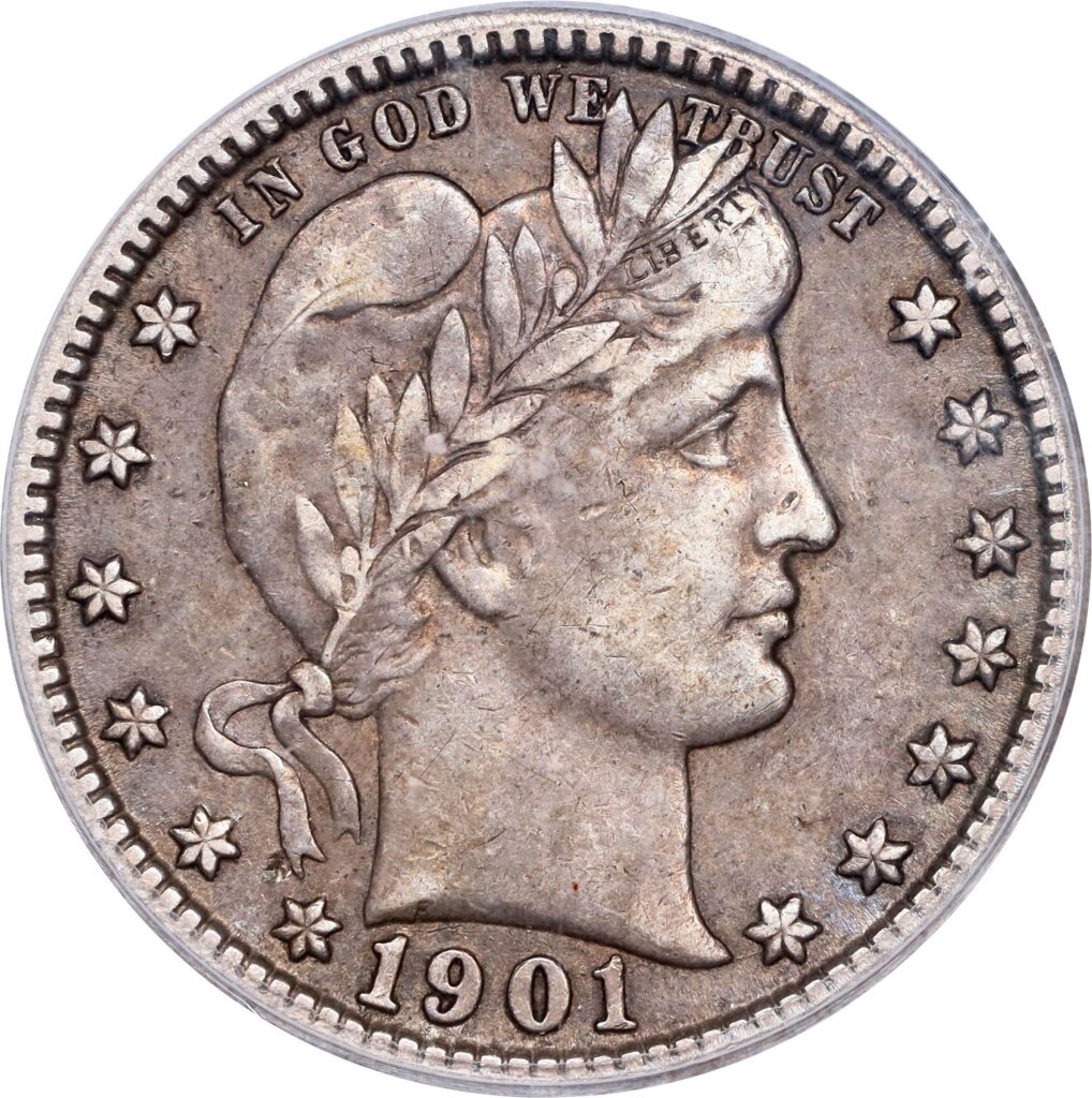Obverse of a raw 1901-O Barber Quarter