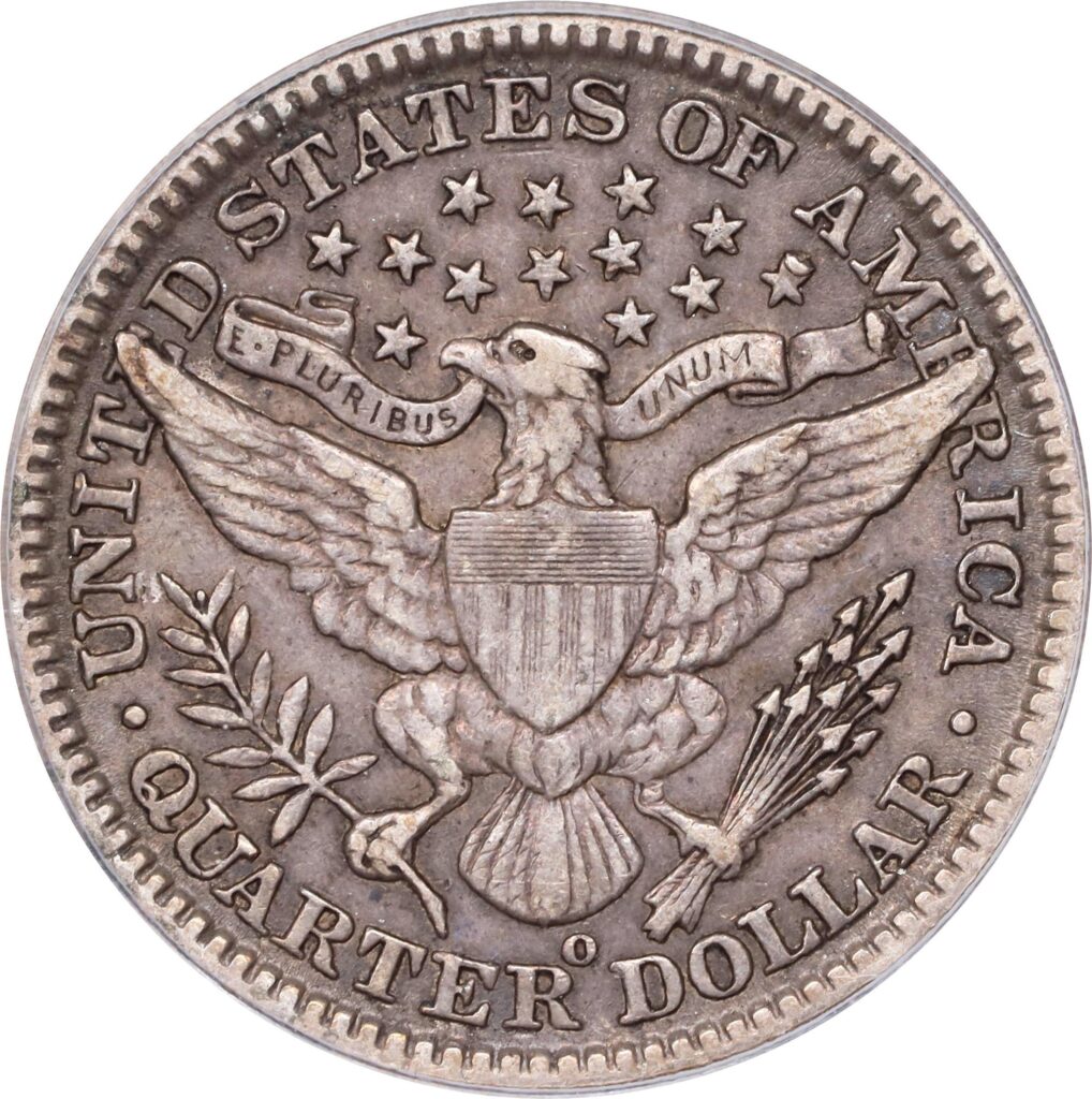Reverse of a raw 1901-O Barber Quarter