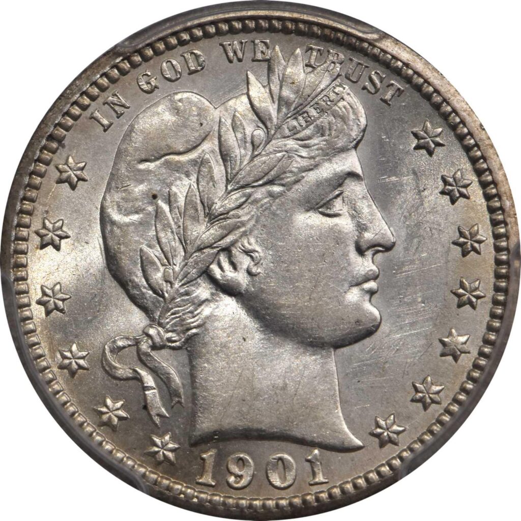 Obverse of a raw 1901-S Barber Quarter, referred to as the Queen