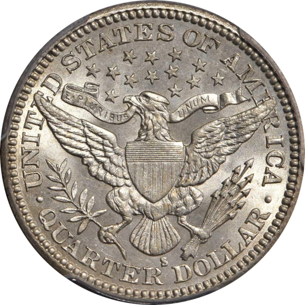 Reverse of a raw 1901-S Barber Quarter