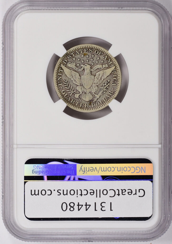 Reverse slab shot of a 1909-O Barber Quarter in an NGC holder graded an F12 with a Green CAC Sticker.