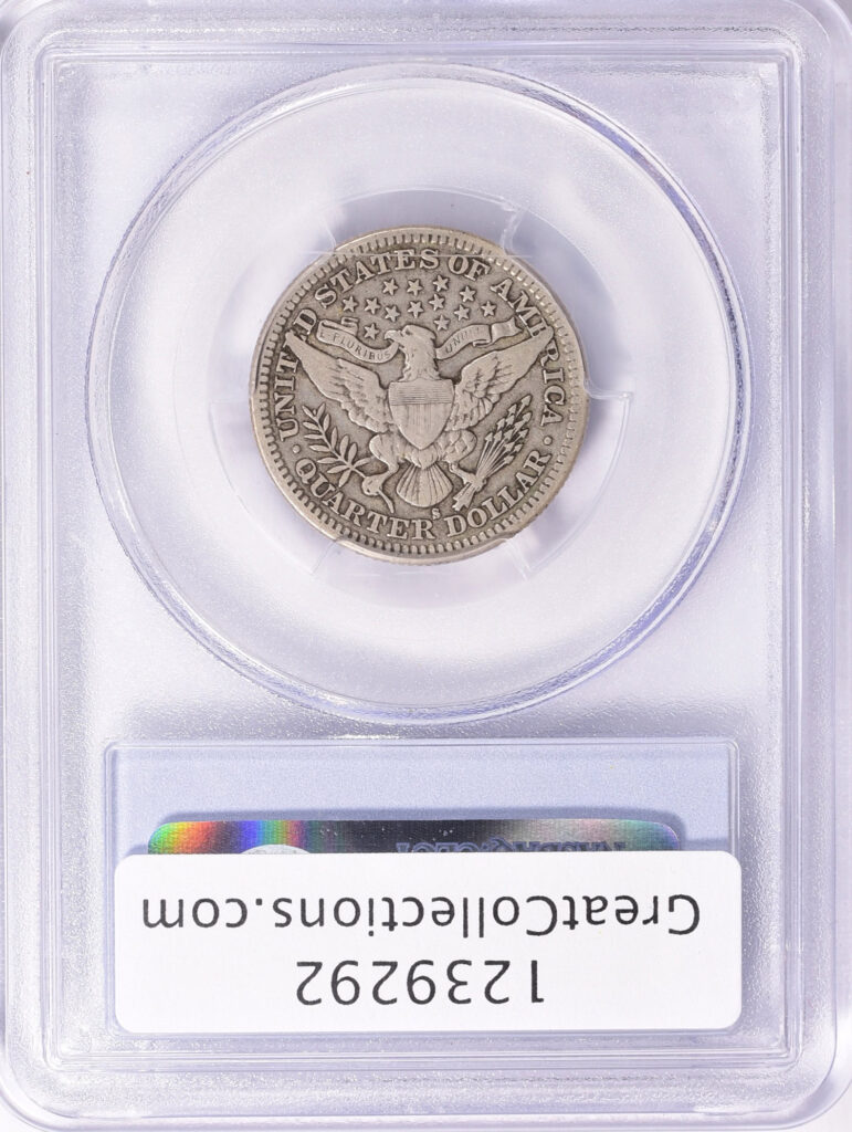 Reverse slab shot of a 1913-S Barber Quarter in a PCGS holder graded a VF20 with a Green CAC Sticker.