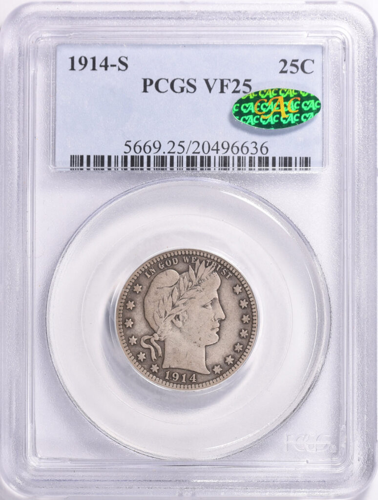Obverse slab shot of a 1914-S Barber Quarter in a PCGS holder graded a VF25 with a Green CAC Sticker.