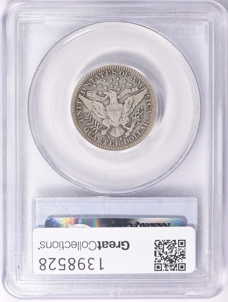 Reverse slab shot of a 1914-S Barber Quarter in a PCGS holder graded a VF25 with a Green CAC Sticker.