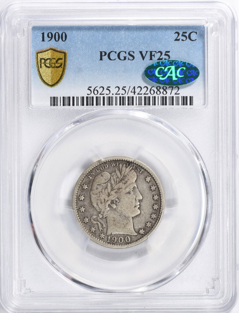 Obverse slab shot of a 1900 Barber Quarter in PCGS holder graded a VF25 with a Green CAC Sticker.