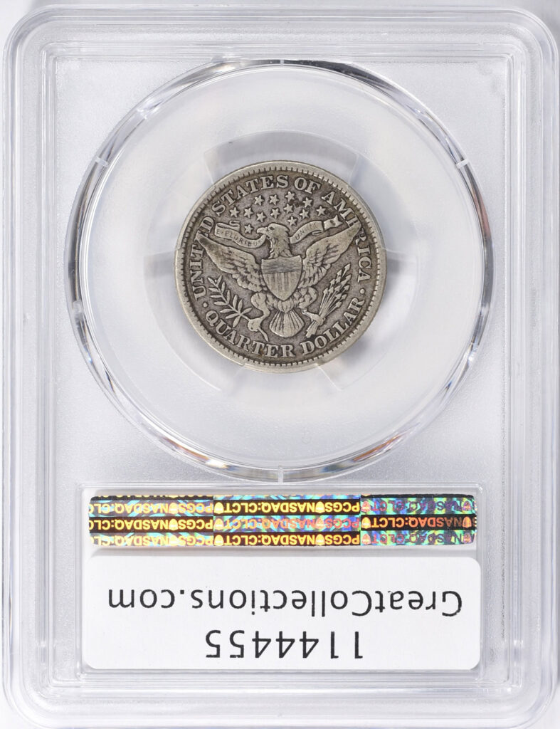 Reverse slab shot of a 1900 Barber Quarter in PCGS holder graded a VF25 with a Green CAC Sticker.